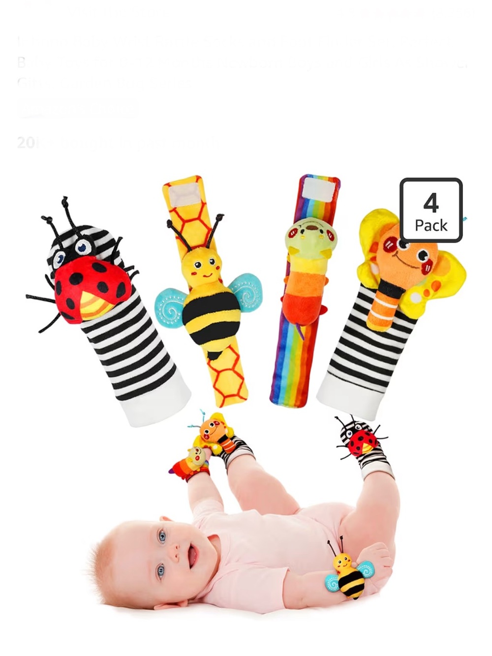 4-Pack Baby Wrist Rattles - Colorful Bug & Rainbow Set
